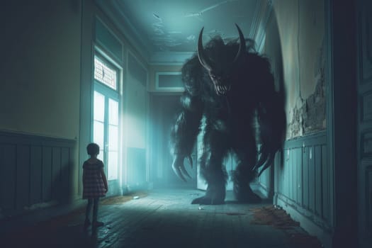 Child nightmare, A child standing near a scary monster in hallway, Generative AI.