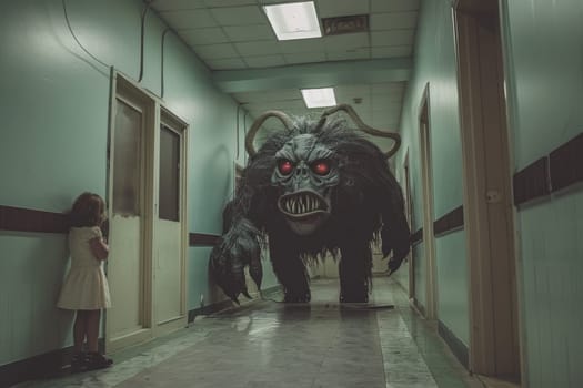 Child nightmare, A child standing near a scary monster in hallway, Generative AI.