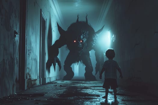 Child nightmare, A child standing near a scary monster in hallway, Generative AI.