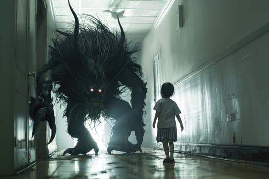 Child nightmare, A child standing near a scary monster in hallway, Generative AI.