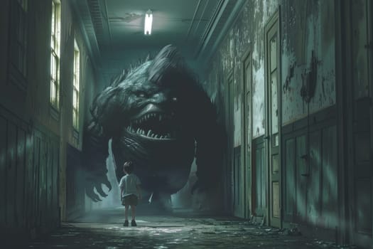 Child nightmare, A child standing near a scary monster in hallway, Generative AI.