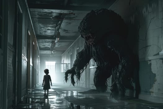 Child nightmare, A child standing near a scary monster in hallway, Generative AI.