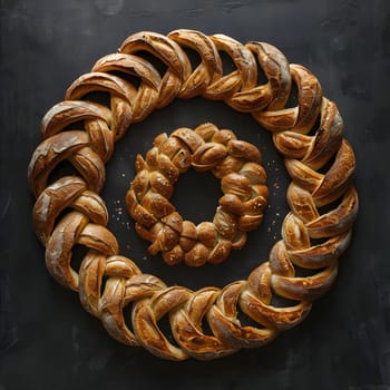 A braided loaf of bread, resembling a patterned rope, is displayed on a wooden circle, resembling a jewellery serveware, against a black surface