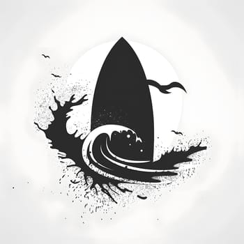 An artistic black and white silhouette showcases a surfboard with a wave, birds, and fins. This captivating piece of art captures the essence of the ocean