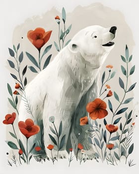 A white polar bear surrounded by red flowers and leaves in a rectangular painting. The carnivore stands out against the colorful plant art, creating a striking contrast