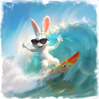 An illustration of a happy rabbit wearing sunglasses, riding a wave on a surfboard. The painting captures the playful and carefree nature of rabbits in a fun and artistic way
