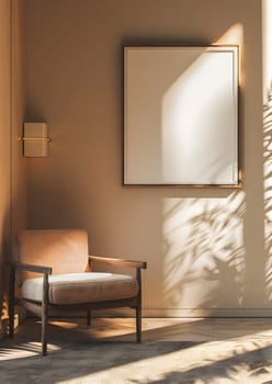 An interior design featuring a wooden chair and a rectangular picture on the hardwood floor, creating a comfortable living room ambiance with a touch of elegance