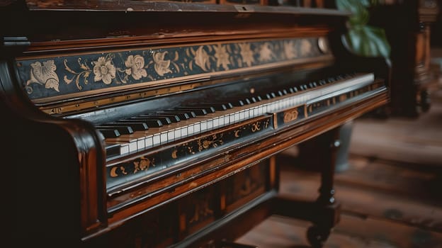 A vintage piano with a wooden bench is placed on a hardwood floor in a room, creating a classic and elegant musical atmosphere