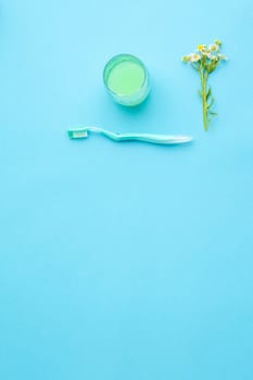 Dentist with model of a jaw and toothbrush shows how to brush your teeth on a blue background. Flat lay. Oral hygiene concept. Top view.