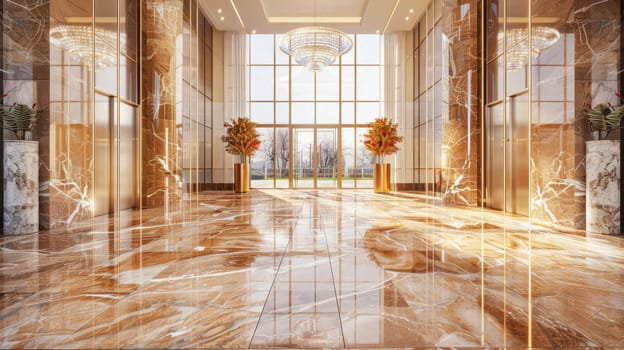 A beautiful modern spacious office hall with panoramic windows and a perspective in pleasant beige tones.