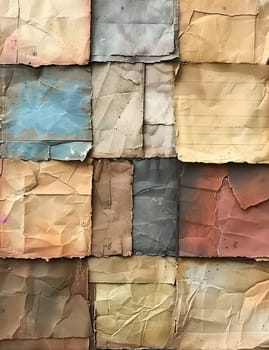 Rectangular pieces of cardboard, resembling brown wood flooring, are stacked against a textile wall. The pattern creates a unique art piece using building material