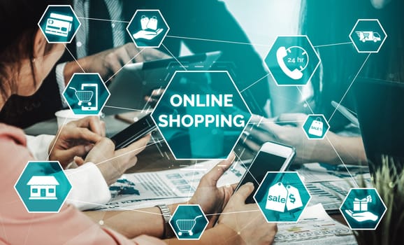 Online shopping and Internet Money Payment Transaction Technology. Modern graphic interface showing e-commerce retail store for customer to purchase product on website and pay by online transfer. uds