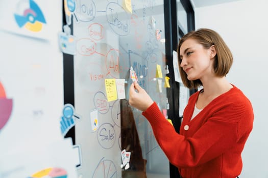 Professional attractive female leader sticks sticky note while presents creative marketing plan by using brainstorming mind mapping statistic graph at modern business meeting room. Immaculate.