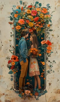 A man and a woman are admiring a beautiful bouquet of flowers surrounded by a garden filled with vibrant blooms. They are immersed in the beauty of nature and artistic expression