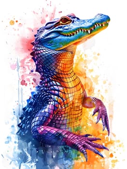 A scaled reptile resembling a colorful alligator is depicted in electric blue on a white background in a watercolor painting