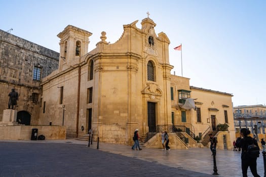 Valletta, Malta, April 03, 2024.  Exterior view of the Church of Our Lady of Victories in the city center
