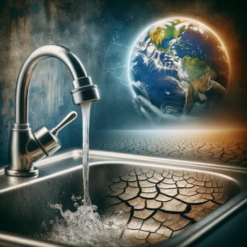 An image depicting the flow of water into a sink, emphasizing the issue of wastewater, with the Earth in the background.