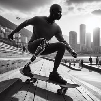 A man with a prosthetic leg is skateboarding down a sidewalk. Concept of determination and resilience, as the man overcomes his physical limitations to enjoy the activity ai generated