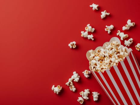 Popcorn is scattered from a striped box isolated on a red background. Top view with copy space. Movies leisure time.