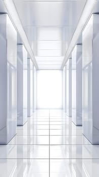 An empty hallway in a building with columns and a white tiled floor, creating a sense of symmetry and elegance with a fixture of grey rectangular flooring