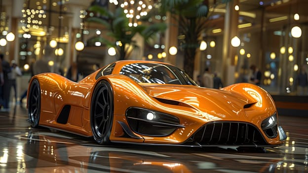 A vibrant orange personal luxury car with sleek automotive design is parked in the mall, showcasing its elegant hood, grille, and headlamps