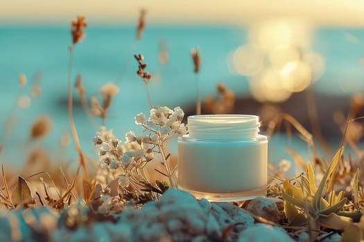 A jar of moisturizing cream for the face or body on a background with natural ingredients.