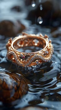 A gold ring is slowly sinking in the liquid, creating ripples on the surface of the water as it descends deeper into the fluid