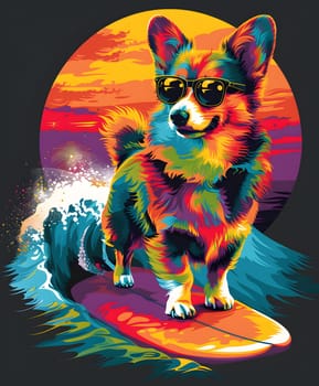 A fawncolored carnivore dog with whiskers and a snout is rocking magenta sunglasses while riding a wave on a surfboard, an artistic companion dog with fluffy fur