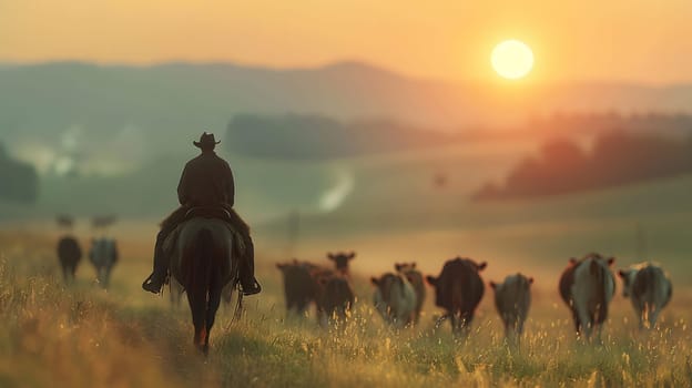 A man is riding a horse on a grassland plain in the morning, surrounded by a herd of cows under a cloudy sky