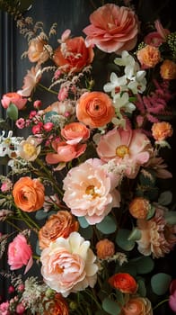 The picture showcases a variety of flowers including hybrid tea roses, garden roses, and pink bouquets. It is a beautiful display of creative arts and flower arranging