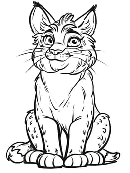 A cartoon drawing of a smiling lynx, a felidae vertebrate with sharp eyes, nose, and jaw. This carnivore organism is depicted in black and white