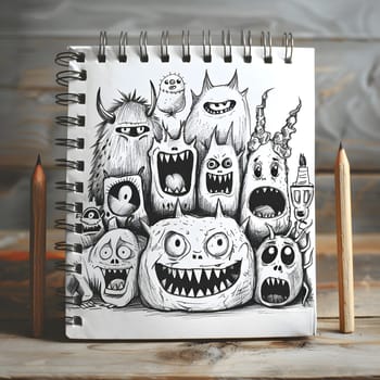 A monochrome sketch pad with a black and white drawing of monsters, placed on a wooden table with pencils. The detail of eyelashes is visible in the art