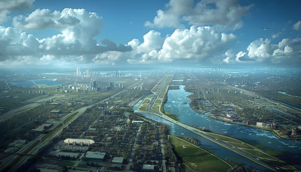 An urban design surrounded by natural landscape, with a river flowing through the city under a cloudfilled sky, creating a picturesque aerial view