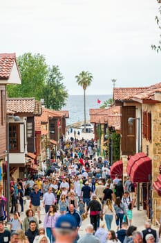 Side, Manavgat, Turkey – April 9, 2024: Liman Street of Side town of Antalya's Manavgat district