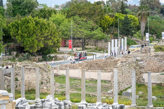 Side, Manavgat, Turkey – April 9, 2024: Liman Street of Side town of Antalya's Manavgat district