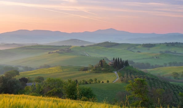 Pienza, Tuscany, Italy – April 13, 2024: House surrounded by cypress trees among the misty morning sun-drenched hills of the Val d'Orcia valley at sunrise in San Quirico d'Orcia, Tuscany, Italy