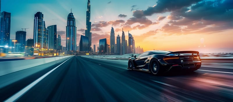 Futuristic car driving at high speed toward modern city skyline during sunset, depicting innovation and technology.