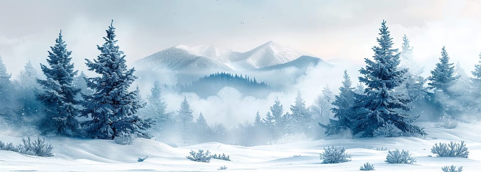 Crisp winter scene depicting serene snow-covered forest, majestic mountains veiled in mist, and tranquility of nature in winter season.