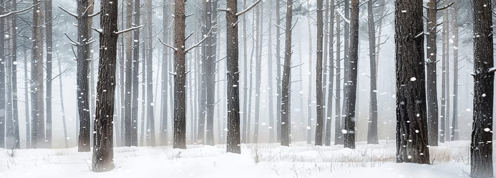 Snow-covered trees stand tall in tranquil winter forest landscape, snowflakes gently falling in silent, serene woodlands.