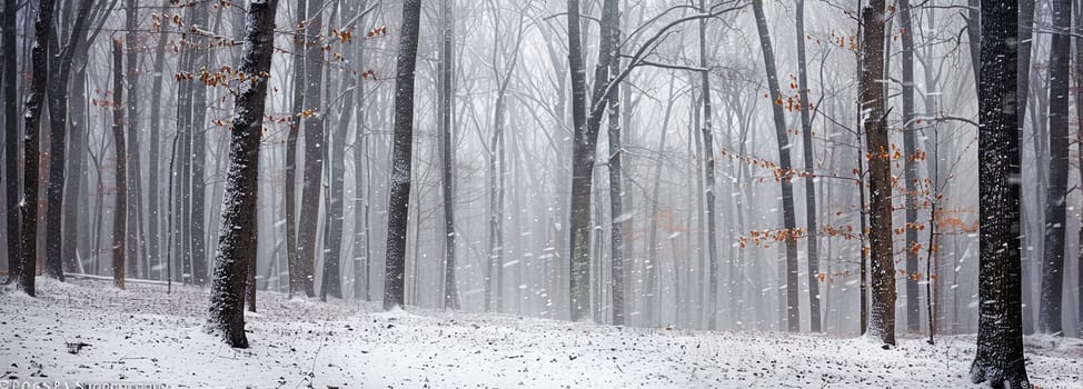 Serene winter panorama of snow-covered trees in forest during snowfall, perfect for serene and tranquil themes.