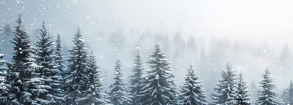 Serene winter scene capturing snowflakes gently falling on snow-covered evergreen trees in a tranquil forest landscape.
