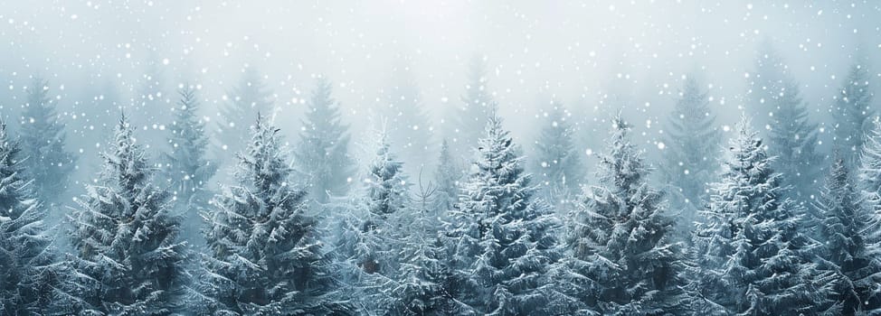 Serene winter landscape showcasing snowy evergreen trees and gently falling snowflakes under soft light.
