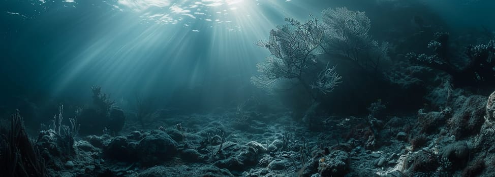 Breathtaking underwater seascape with sunrays illuminating coral reef, marine life and aquatic plants in ocean depths.
