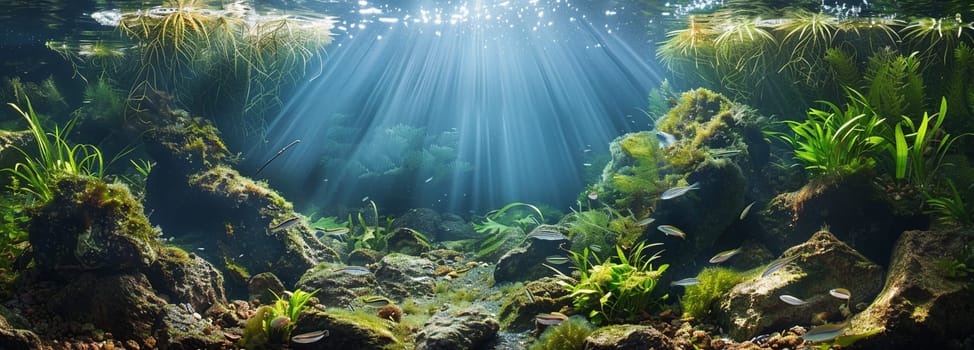 Stunning underwater scene with sunlight beaming through water onto green plants and small fish in freshwater habitat.