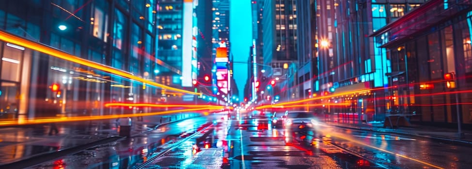 Shot of bustling city street at night with vibrant technologic light trails, depicting urban energy and fast-paced lifestyle.