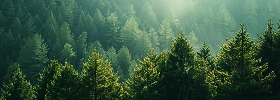 Lush green summer forest bathed in sunlight with contrasting shadows, conveying peace and natural beauty.