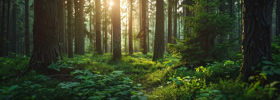 Lush green summer forest bathed in golden sunlight with sunbeams piercing through dense trees and foliage.
