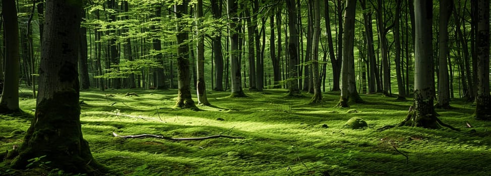 Majestic green forest in summer with sunlight filtering through trees, portraying calmness and serenity, ideal for graphic design.