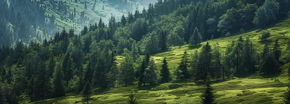 Vibrant green summer forest landscape bathed in sunlight, depicting tranquility and natural beauty for serene nature backdrops and graphic design.