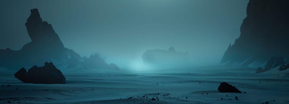 Ethereal and mysterious futuristic landscape featuring a solitary figure standing under an otherworldly blue light amidst towering rock formations.